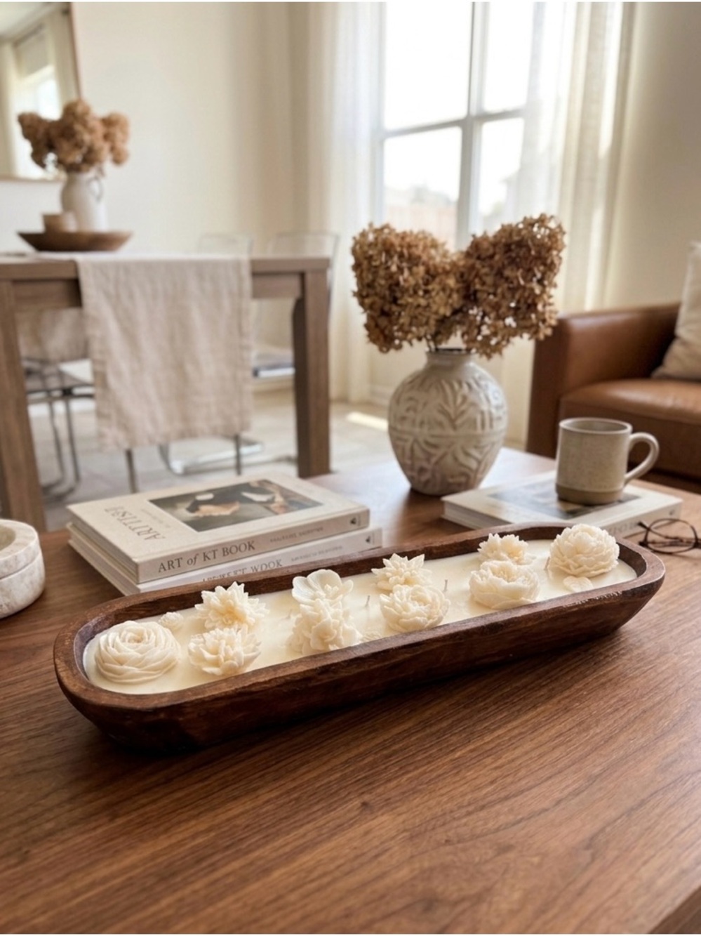 Cream Floral Dough Bowl Candle Centerpiece by